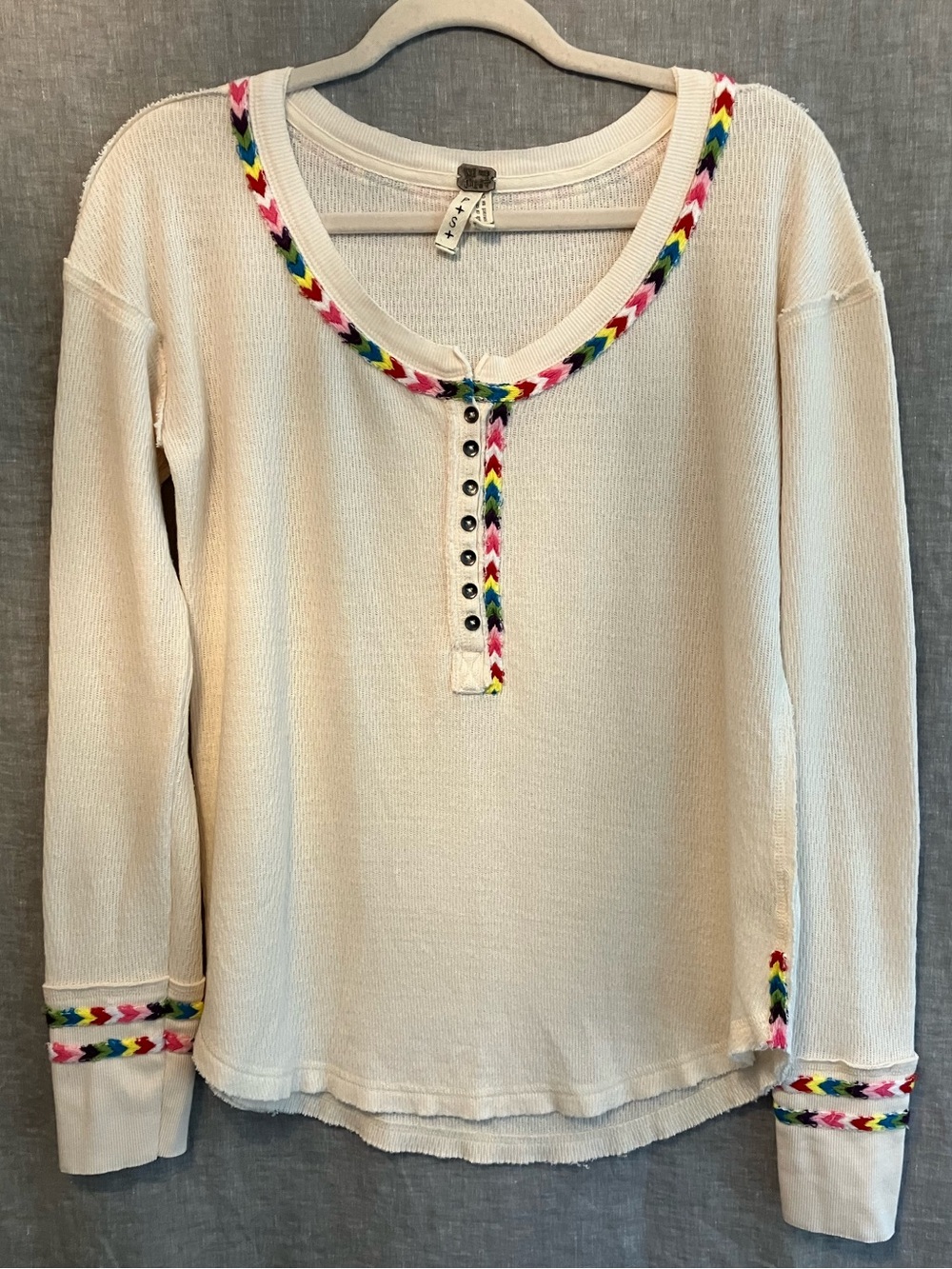 Free People We the Free Henley in Cream with Colorful Embroidery